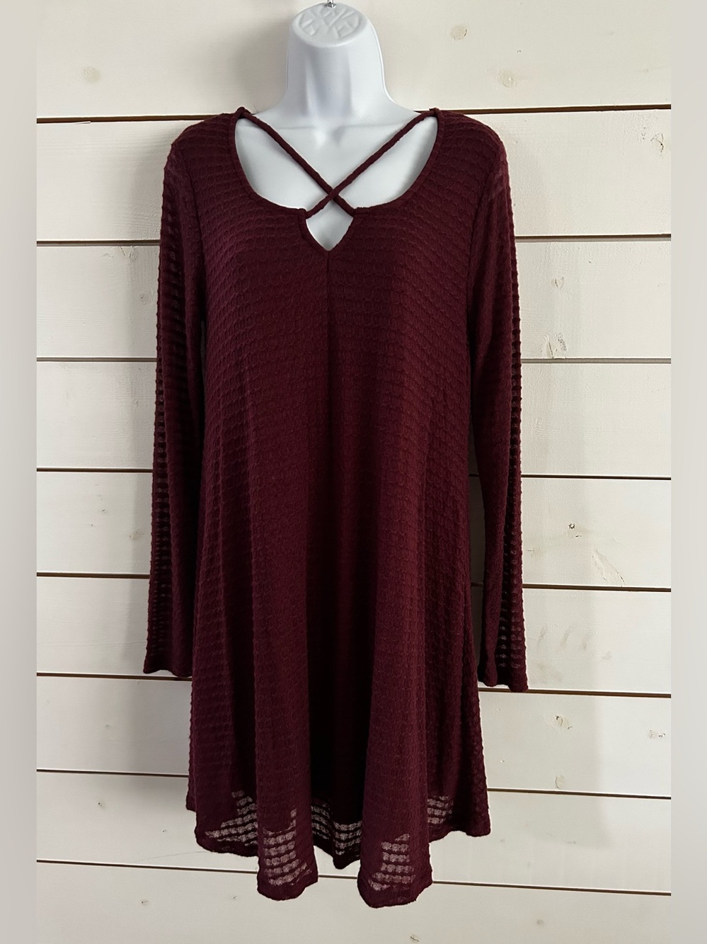 NWT Francesca's Ayla Wine Long-Sleeve Waffle Knit Swing Dress Women’s Medium